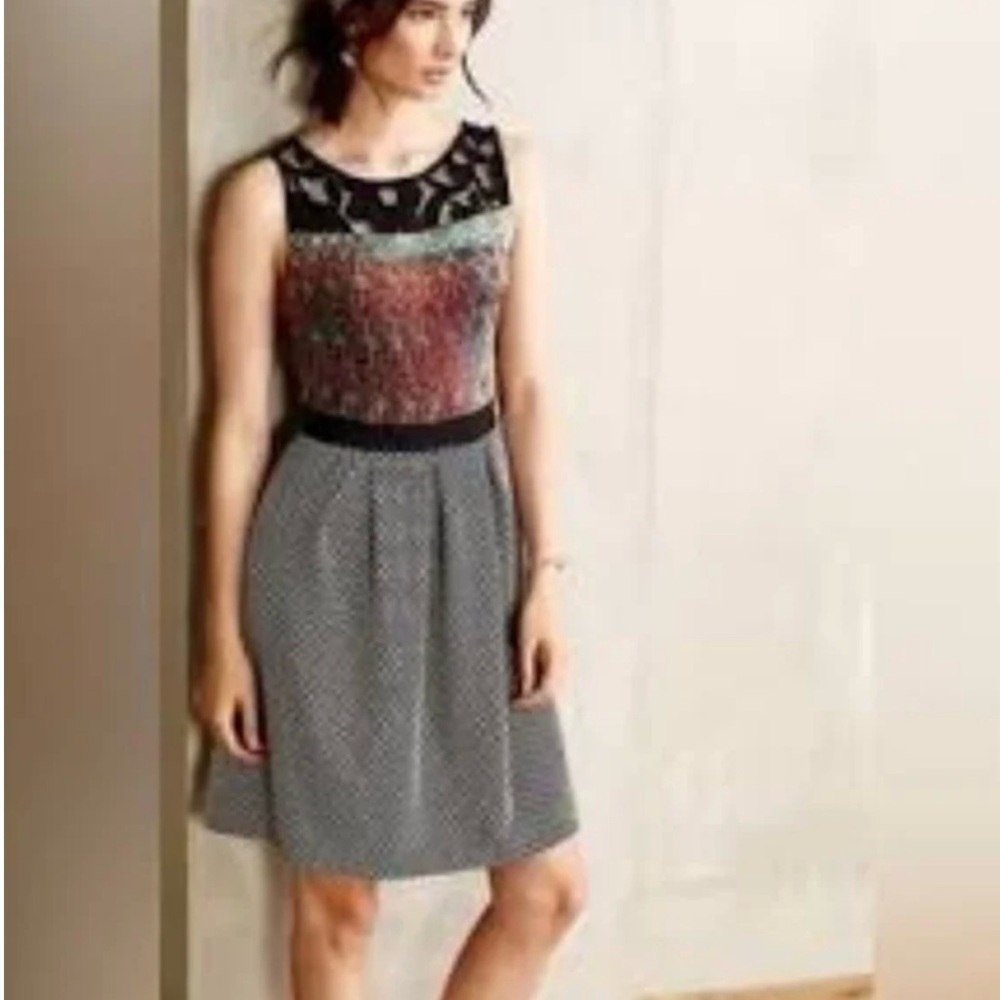 Weston Anthropologie Galina Dress w/ Lace Neckline Pattern Bodice Pleated Skirt